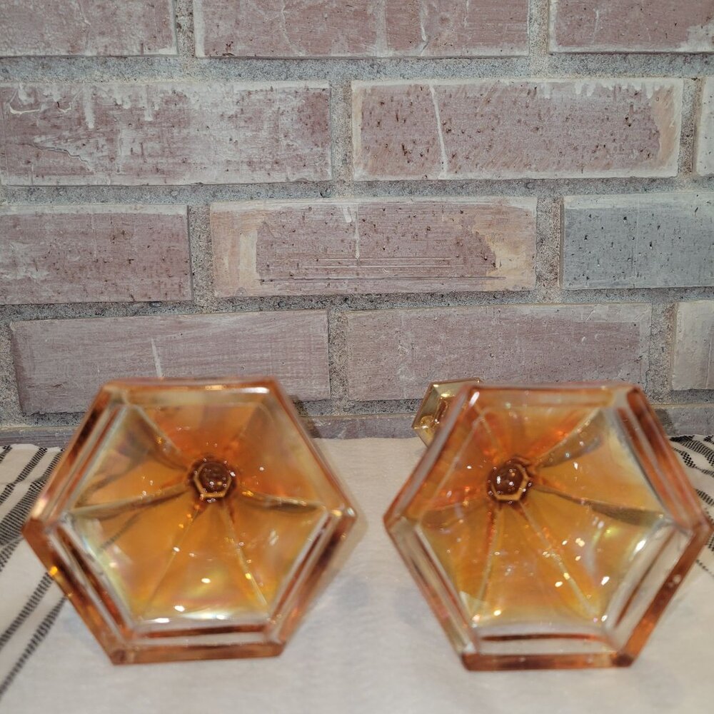 Iridescent Amber Glass Candlestick Holders - Pair - Picture 3 of 9